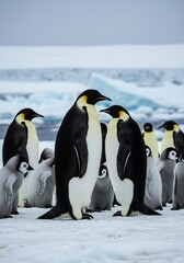 Obraz premium Emperor penguin families congregating on the icy expanse of Antarctica winter landscape