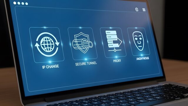 Laptop screen displaying futuristic user interface with icons and data visualization