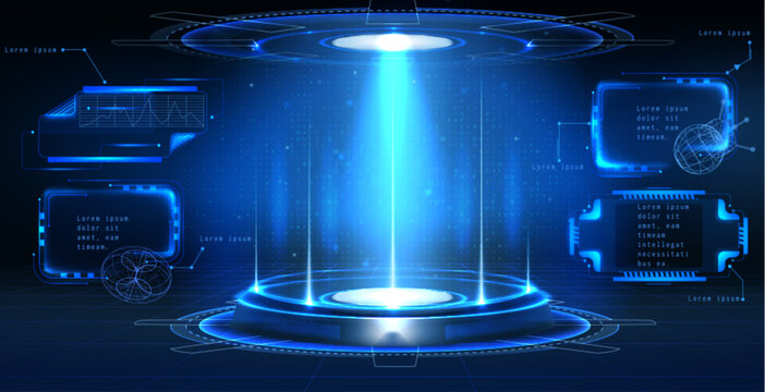 Futuristic lab with round podium and HUD data frames. Vector realistic illustration of neon blue hologram portal, bright light beams on stage, hi tech digital screens, future technology, vr game ui