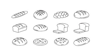 Collection of various bread types in a hand drawn sketch silhouette style