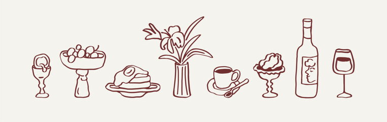 Food and drink set in doodle sketch style. Egg, fruit, pancakes on plate, snacks, flower vase, coffee cup, limoncello bottle, wineglass, scribble drawings. Isolated hand-drawn vector illustrations