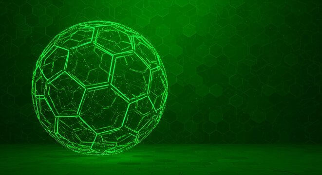 Futuristic Neon Hexagonal Sphere Glowing Against a Dark Green Gradient Background