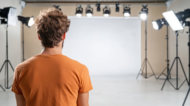 Young man standing in photography studio facing white backdrop with lighting setup - Powered by Adobe
