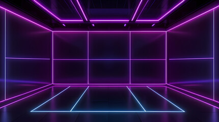 3D Rendered Cyberpunk Hallway Background with Copy Space Sci-Fi Corridor with Neon Purple and Blue Light