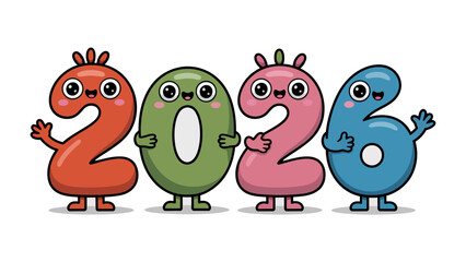 2026 Typography: A lively cartoon illustration of the year 2026, where each number is brought to life as a charming character, exuding friendliness and anticipation.