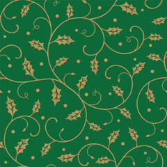 Seamless Christmas Holly Leaves With Scrolls on Green Background