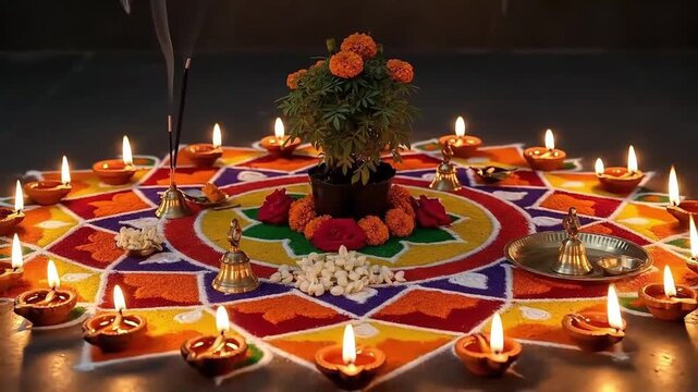 Festive Thulasi Plant Display Celebrating Tradition and Spirituality with Lamps