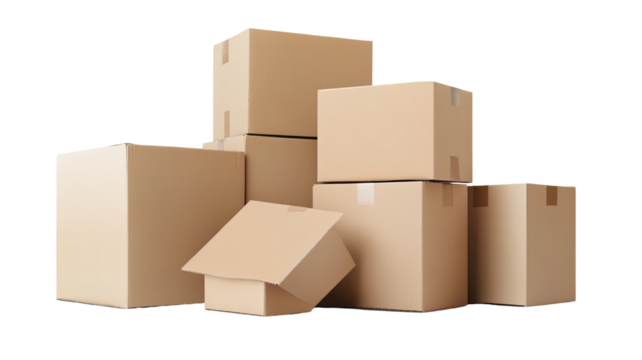 Multiple stacked cardboard shipping boxes arranged neatly in tall organized pile for storage and delivery isolated on white background - Powered by Adobe