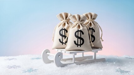 Money bags on sleigh concept: financial success and winter savings
