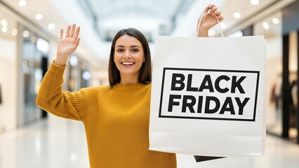 Smiling woman holding black friday shopping bag in modern mall corridor