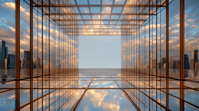 Glass atrium reflection skyline sunset modern city architecture symmetry calm