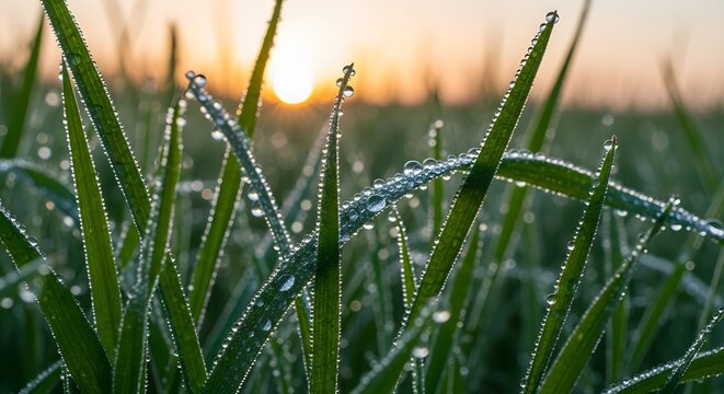 Dewdrops on grass blades at sunrise