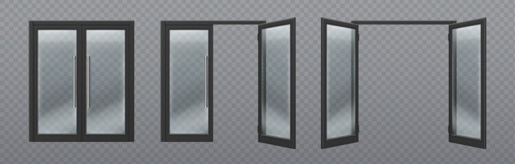 Obraz premium Glass door entrance set with dark frames and chrome handles. 3d transparent store or office windows in closed and open positions. Realistic shop entry elements for architectural visualization