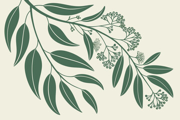 Fototapeta premium Elegant Stylized Eucalyptus Branch with Leaves and Delicate Buds Illustration
