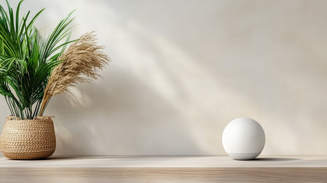 Minimalist white orb device wooden shelf with woven planter and pampas grass, soft natural light - Powered by Adobe