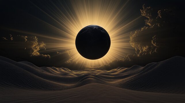 Black sun solar eclipse over fantasy desert landscape with volumetric lighting, rays of light shining through hole in dark sphere above sand dunes - Powered by Adobe