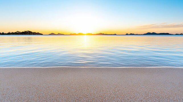 Sunrise beach horizon calm sea gentle waves sandy shore serene light
