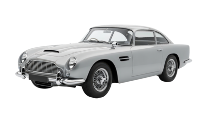 A sleek silver vintage luxury sports car is presented, cut out, stock png, isolated on transparent background
