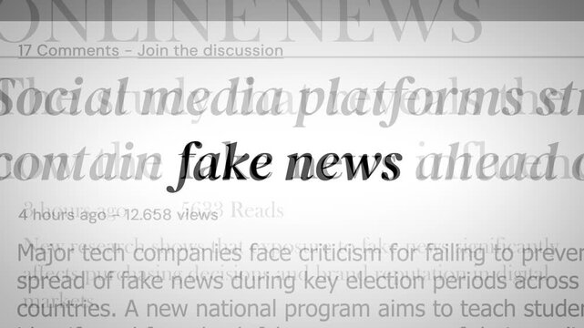 Concept video illustrating the rise of fake news and AI-driven misinformation, featuring fast-flashing headlines and warnings about digital deception, ethics, and media manipulation