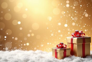 Merry Christmas and Happy New Year gold shiny background with 3d gift boxes and snow, card or congratulation poster template with place for text