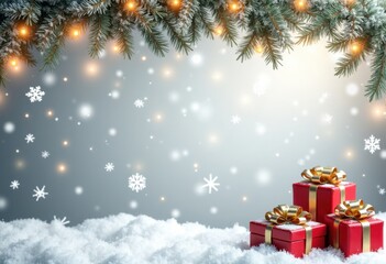 Merry Christmas and Happy New Year silver shiny background with 3d gift boxes, fir branches and snow, card or congratulation poster template with place for text