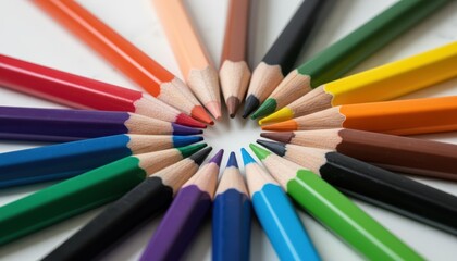 Naklejka premium Colorful arranged colored pencils forming a circular radial pattern for creative art.