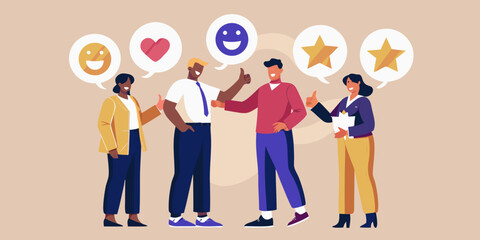 Diverse team giving positive feedback with speech bubbles and thumbs up gestures