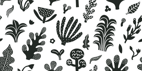 Seamless jungle tropical abstract pattern with palm tree, leaves. Summer texture. Vector illustration. White background, black and white, monochrome texture, simple doodle style. © Anna
