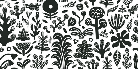 Seamless jungle tropical abstract pattern with palm tree, leaves. Summer texture. Vector illustration. White background, black and white, monochrome texture, simple doodle style. © Anna
