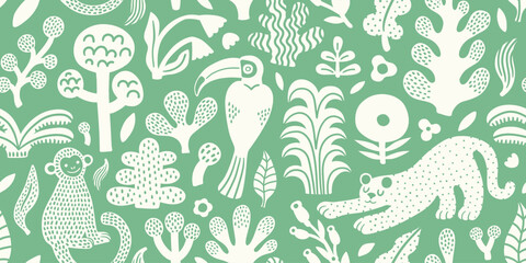 Seamless jungle tropical abstract pattern with palm tree, leaves, leopard, toucan, monkey. Summer texture. Vector illustration. Green background, white objects. Monochrome surface pattern design. © Anna