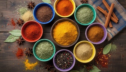 Assorted colorful spices in small round bowls on a rustic wooden surface.