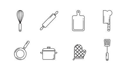Collection of kitchen utensil icons in a minimalist hand drawn silhouette style