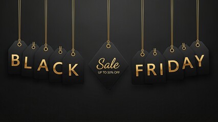 Elegant black friday sale tags hanging with gold letters on dark background