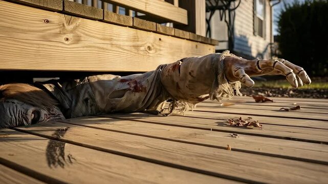 Low-angle shot of a gruesome zombie lawn decoration, designed to look like it is crawling out from under the porch