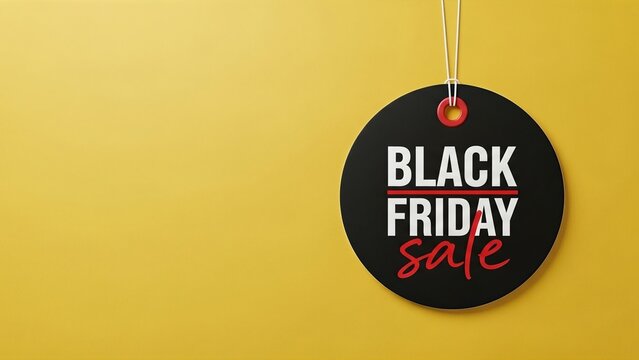 Black friday sale tag on yellow background: retail and shopping promotions