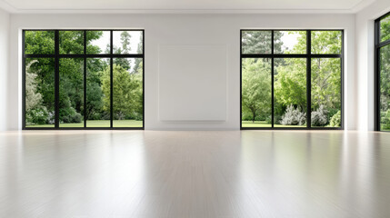 Fototapeta premium Bright modern empty living room with large floor to ceiling windows overlooking green garden