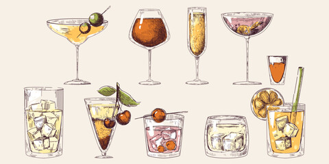 Cocktail sketch set with hand drawn alcoholic drink glasses in vintage line art style - martini and whiskey tumbler, champagne flute, brandy snifter and mixed beverages. Bar glassware with ice cubes