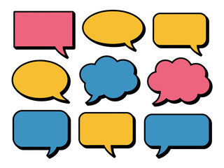 A collection of colorful speech bubbles and thought clouds in various shapes and sizes, ready for text.