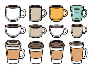 A collection of assorted coffee cups and mugs are displayed in rows against a white background.