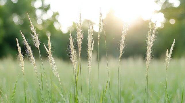 Bright meadow grass with golden seed heads swaying gently in sunlight