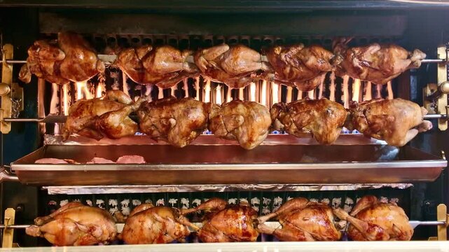 Rows of whole chickens roasting on a traditional rotisserie spit. Golden brown skin crisping over open flames at a market or butcher shop. Delicious street food cooking