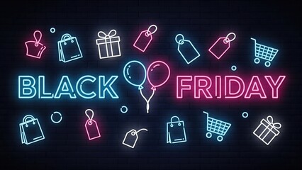 Neon black friday sale background with shopping icons and balloons