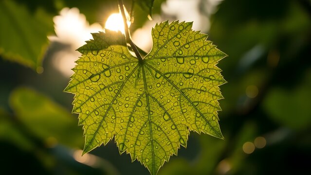 Close-Up of Heart-Shaped Leaf with Dew Drops – Sunlit Nature Macro Photography