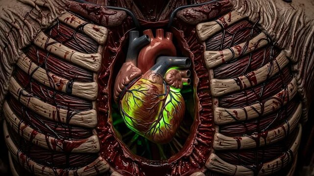 Macro shot of a prop zombie chest cavity with an exposed, animatronic heart that rhythmically pulses and glows with a sickly green light. Fake veins pulse around