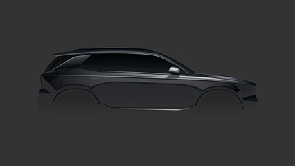 Transparent silhouette of crossover car. Vector illustration with side view on silhouettes of car isolated on dark background. Template of realistic silhouette of car for decoration car products, ads.
