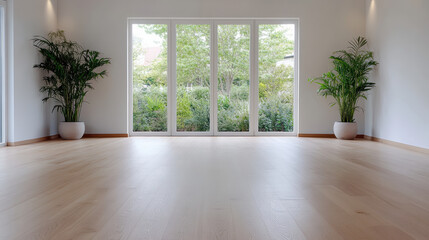 Fototapeta premium Empty bright wooden floor room with large glass doors and potted plants