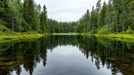 Obraz premium Calm forest lake with clear reflections and soft overcast sky