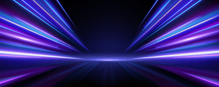 Radial motion blur creating dynamic tunnel effect with glowing trails. Purple and blue light rays burst on dark backdrop for racing scenes, futuristic tech designs and fast paced digital artwork.