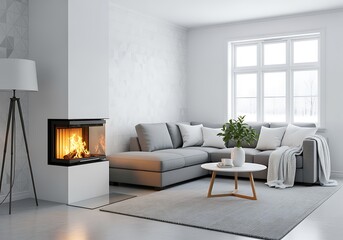 Fototapeta premium Living Room with Fireplace and Grey Sofa