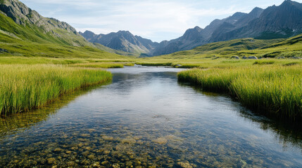 Calm river valley grass river valley mountain grass stream clear water meadow pebble sky